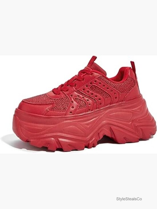 Shoes - Rhinestone Chunky Platform Sneakers, 3.74 Inch Heel, Lace-Up Walking Shoes
